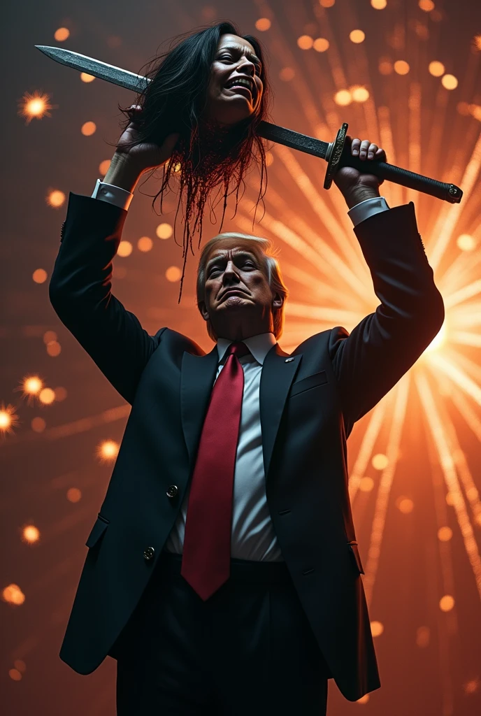 Donald Trump holding the severed head of Kamala Harris is the air in one hand and a sword in the other while fireworks explode