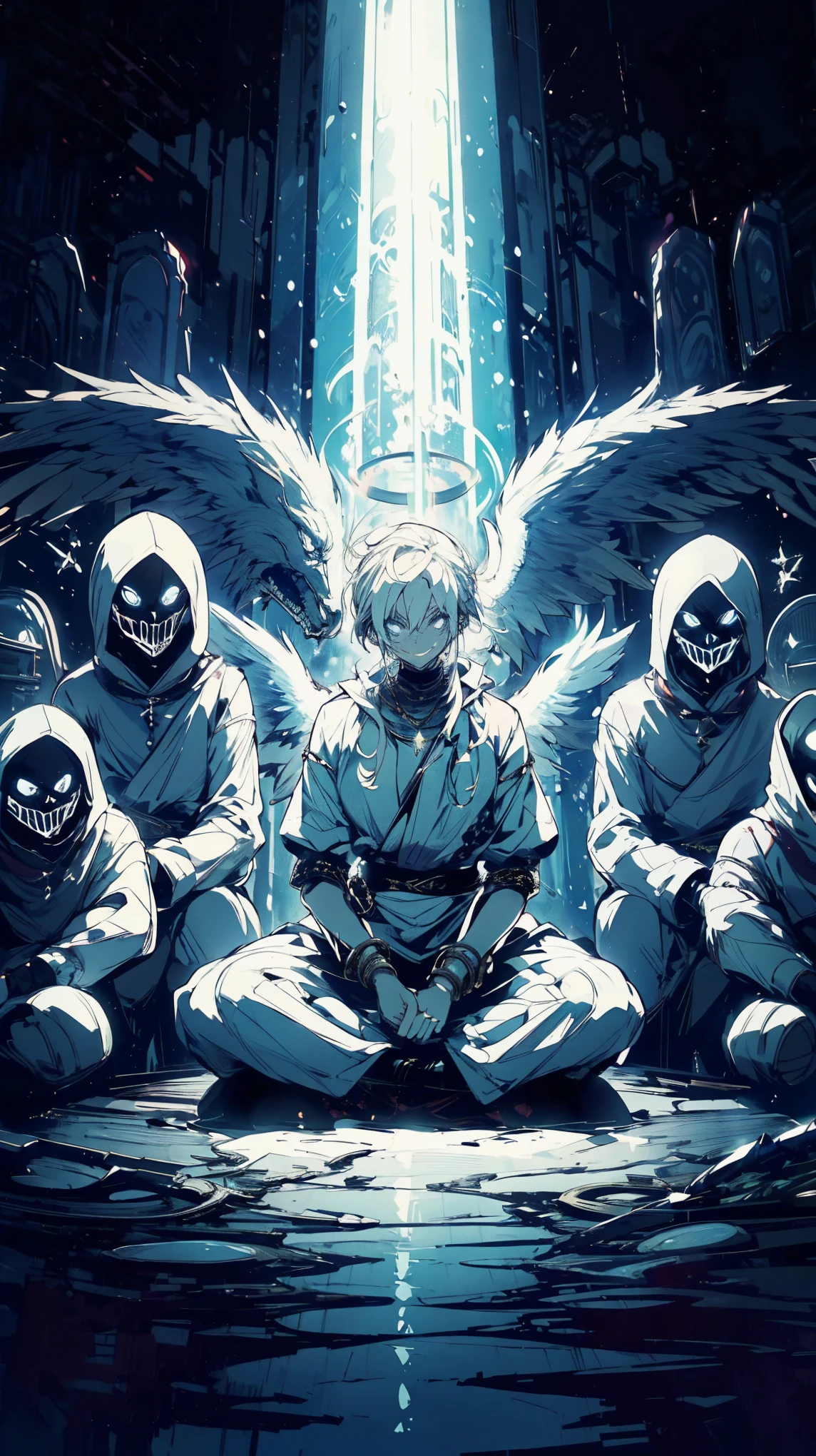 A group of masked figures wearing white robes, centered around a taller figure with angel wings and a glowing halo, all smiling eerily. The scene is set in a dimly lit, otherworldly space, with the group arranged as if part of a cult ritual. The lighting is cold, with strong contrasts between light and shadow, giving the image a haunting and mysterious atmosphere, (high quality), (masterpiece), (detailed), 8K, Anime style character with (cool and edgy tattoos1.3), dressed in (fashionable clothing1.2), posing confidently. Expression fierce, stylish accessory coiled around arm. Thicker outlines emphasize striking, modern fashion, vibrant palette enhances scene.