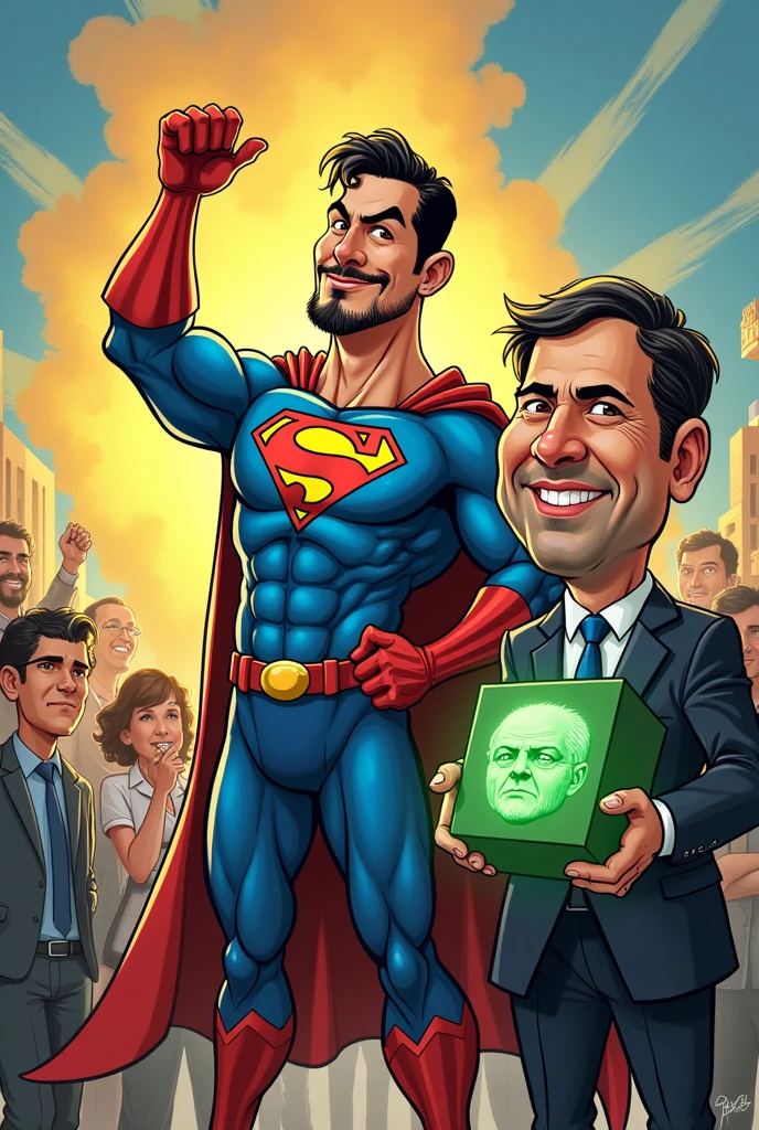Create a cartoon of Super M bowing with Pablo Marçal's face with M on his chest and with Guilherme Boulos showing kryptonite in the shape of Alexandre de Moraes