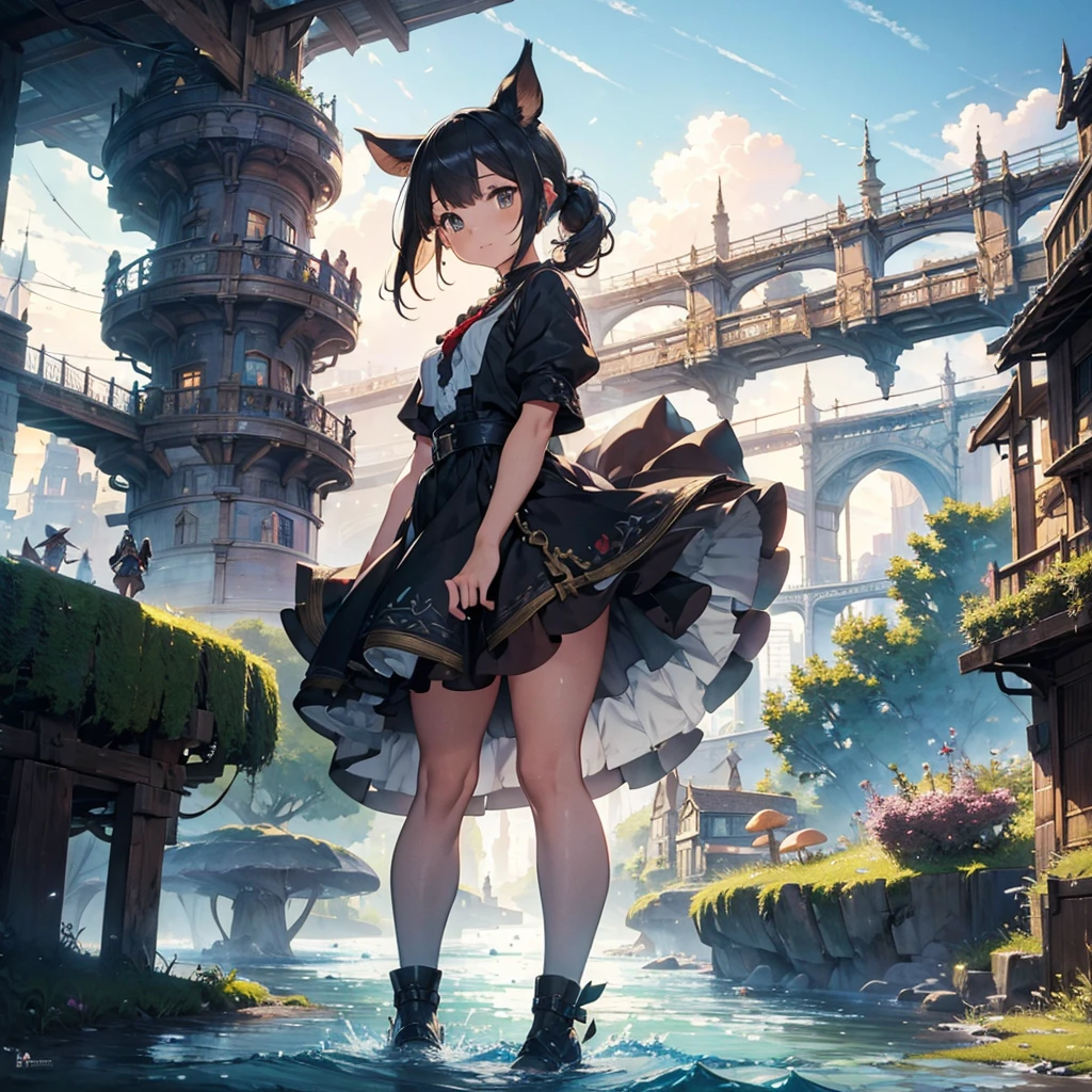 (masterpiece:1.2), extremely intricate details, ff14 style, dynamic painting, depicting a bustling city with a majestic bridge crossing wide rivers, surrounded by towering giant mushrooms. The vast landscape bursts with vivid colors. femboy