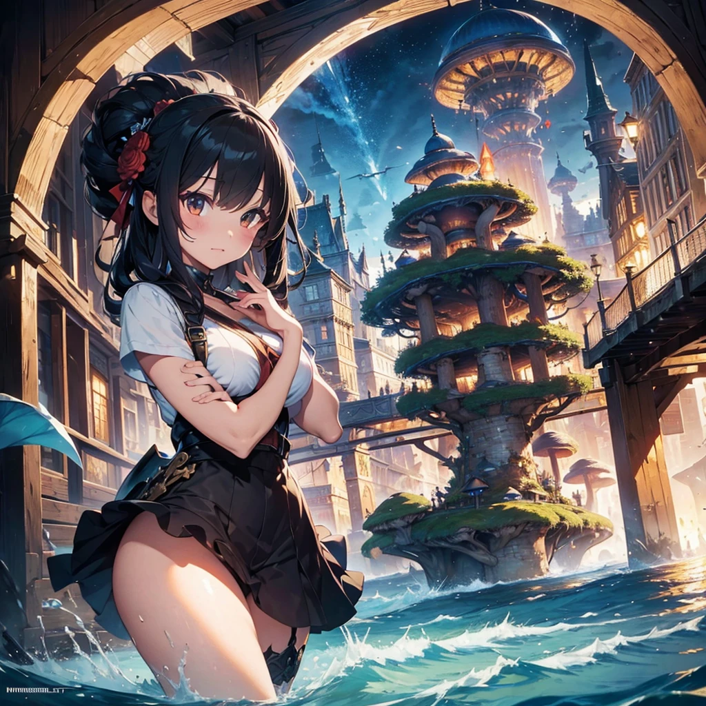 (masterpiece:1.2), extremely intricate details, ff14 style, dynamic painting, depicting a bustling city with a majestic bridge crossing wide rivers, surrounded by towering giant mushrooms. The vast landscape bursts with vivid colors. femboy