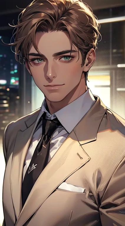 (Highest quality,4K,8K,High resolution,masterpiece:1.2),Super detailed,(Realistic,photoRealistic,photo-Realistic:1.37),1 personld,Mature Men,Beautiful skin、very handsome,Expressionless smile in love,Short gray brown hair,green eyes,Sharp Eyes,A perfect face without a doubt,Businessman, CEO, Office Background,Cinema Lighting,HDR image,tie、