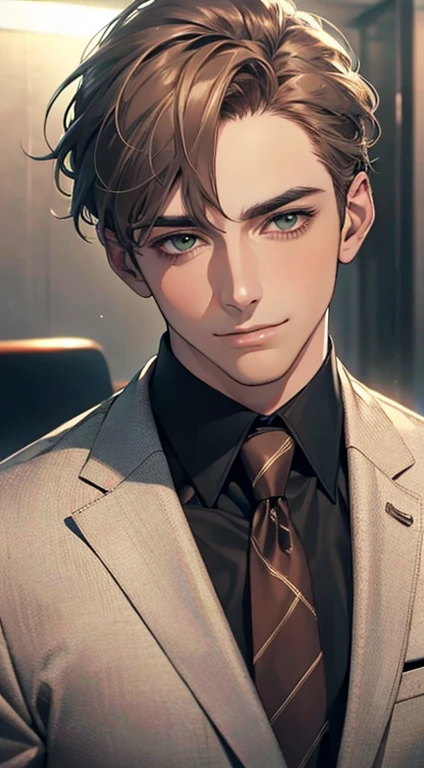 (Highest quality,4K,8K,High resolution,masterpiece:1.2),Super detailed,(Realistic,photoRealistic,photo-Realistic:1.37),1 personld,Mature Men,Beautiful skin、very handsome,Expressionless smile in love,Short gray brown hair,green eyes,Sharp Eyes,A perfect face without a doubt,Businessman, CEO, Office Background,Cinema Lighting,HDR image,tie、