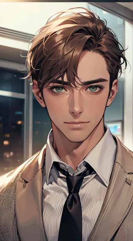 (Highest quality,4K,8K,High resolution,masterpiece:1.2),Super detailed,(Realistic,photoRealistic,photo-Realistic:1.37),1 personld,Mature Men,Beautiful skin、very handsome,Expressionless smile in love,Short gray brown hair,green eyes,Sharp Eyes,A perfect face without a doubt,Businessman, CEO, Office Background,Cinema Lighting,HDR image,tie、