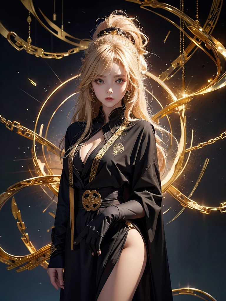 Runic Background、Wearing a black robe、Mage's Clothing、golden hair color、look at the viewer、masterpiece、cute woman、Wearing elegant school clothes