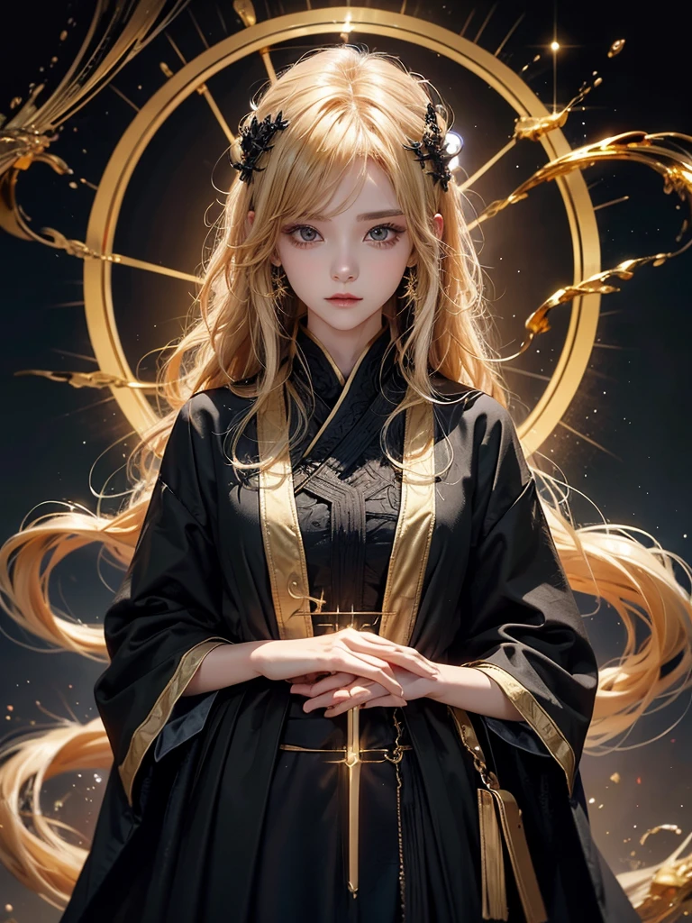 Runic Background、Wearing a black robe、Mage's Clothing、golden hair color、look at the viewer、masterpiece、cute woman、Wearing elegant school clothes