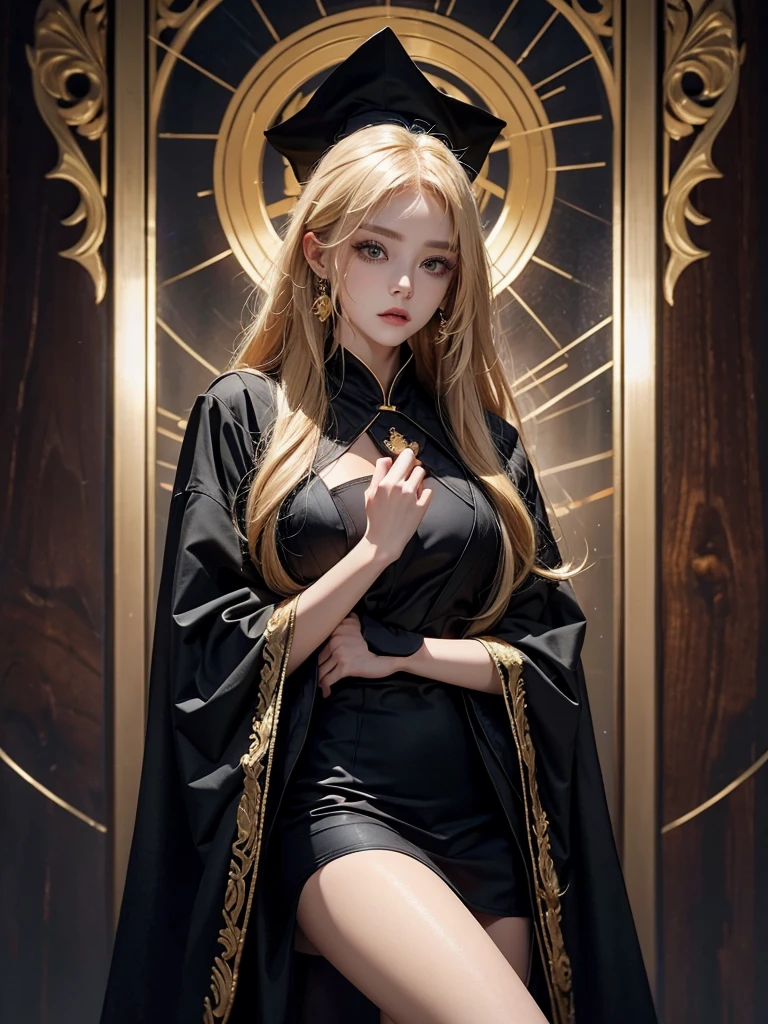 Runic Background、Wearing a black robe、Mage's Clothing、golden hair color、look at the viewer、masterpiece、cute woman、Wearing elegant school clothes