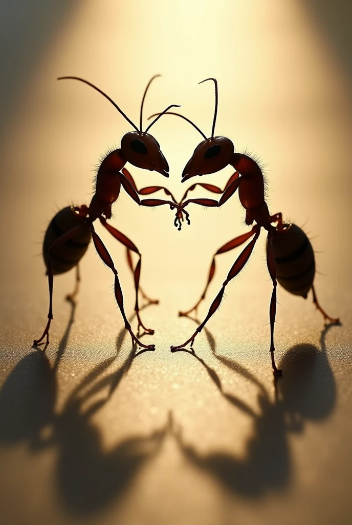 Create an image showing ants dancing tango. The image must be taken against the light, so that the shadows and profiles of the ants stand out very clearly. The ants must be in a dance position, Capturing the movement and grace of tango, with its antennae and legs in elegant positions. Make sure the image has a high level of detail, especially in the texture of the ants and the projected shadows. The backlight should be diffuse and soft., creating a dramatic effect that accentuates the silhouette and shape of the moving ants. The overall atmosphere should be evocative and artistic., with a focus on contrast accuracy.