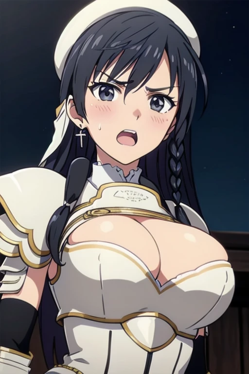 Sonia Blanche, cross earrings, hair ornament, veil, armored dress, pauldrons, breastplate, gauntlets, (white beret), 1girl, solo, upper body, (big breasts), cleavage facing viewer, looking at viewer, (aroused facial expression), angry eyebrows, open mouth, blush, sweat, (dark background), night time, close-up, (view from below)