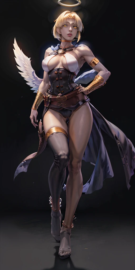 (Black background) paladin lady in ornate golden armor, black collar, pauldrons, breastplate, leather corset, glowing halo, short bob hair style, yellow glowing eyes, bright pupils, eye focus, red cape (full body, whole body, 1solo girl) slave fighter, loincloth standing, hands on hips, metal sandals, leather choker, big belt, view from below, feet together, bracers, tiara) feathers angel wings