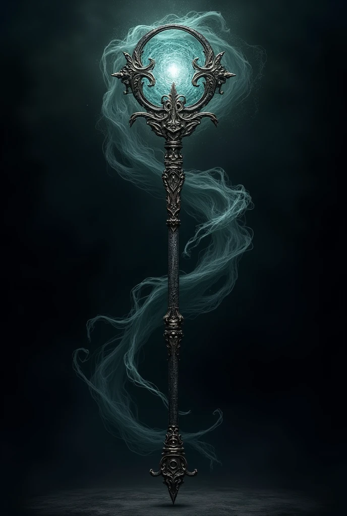 A staff with iron details, and winds around him and a black background behind him
