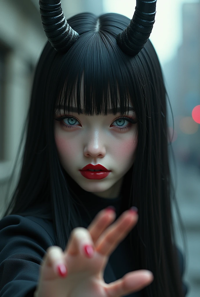 ((Highest quality)), ((masterpiece)), (detailed:1.4), Ray Tracing,NVIDIA,Super Resolution,Unreal 5,Scattered beneath the surface,PBR Texturing,Post-processing,Anisotropic Filtering,Depth of written boundary,Maximum clarity and sharpness,Multilayer Texture,,Woman with straight black hair, Natural blue eyes and pale skin, Lips open、Painted wine red, Medium black horny hair, Hand making a silence gesture, Urban style