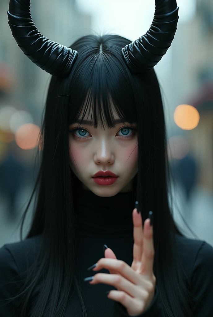 ((Highest quality)), ((masterpiece)), (detailed:1.4), Ray Tracing,NVIDIA,Super Resolution,Unreal 5,Scattered beneath the surface,PBR Texturing,Post-processing,Anisotropic Filtering,Depth of written boundary,Maximum clarity and sharpness,Multilayer Texture,,Woman with straight black hair, Natural blue eyes and pale skin, Lips open、Painted wine red, Medium black horny hair, Hand making a silence gesture, Urban style