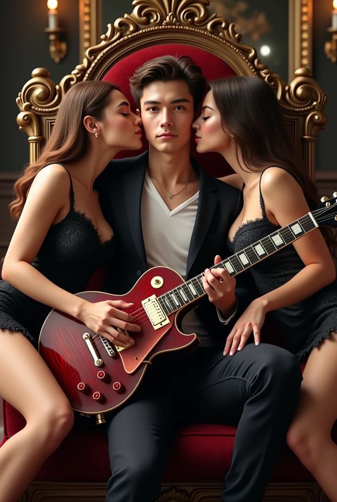 an hyper-realistic style image featuring a young man in his 20s sitting on a throne-like chair, holding a dark red Les Paul Supreme guitar with flame patterns. Two beautiful, well-endowed girls are seated on the armrests of the chair, each on one side of the boy. Both girls, dressed in cute, stylish dresses, are kissing the boy, one on each cheek, while playfully competing for his attention. The scene should capture the affectionate and flirtatious energy, with the girls’ attractive figures and fashionable dresses prominently featured.