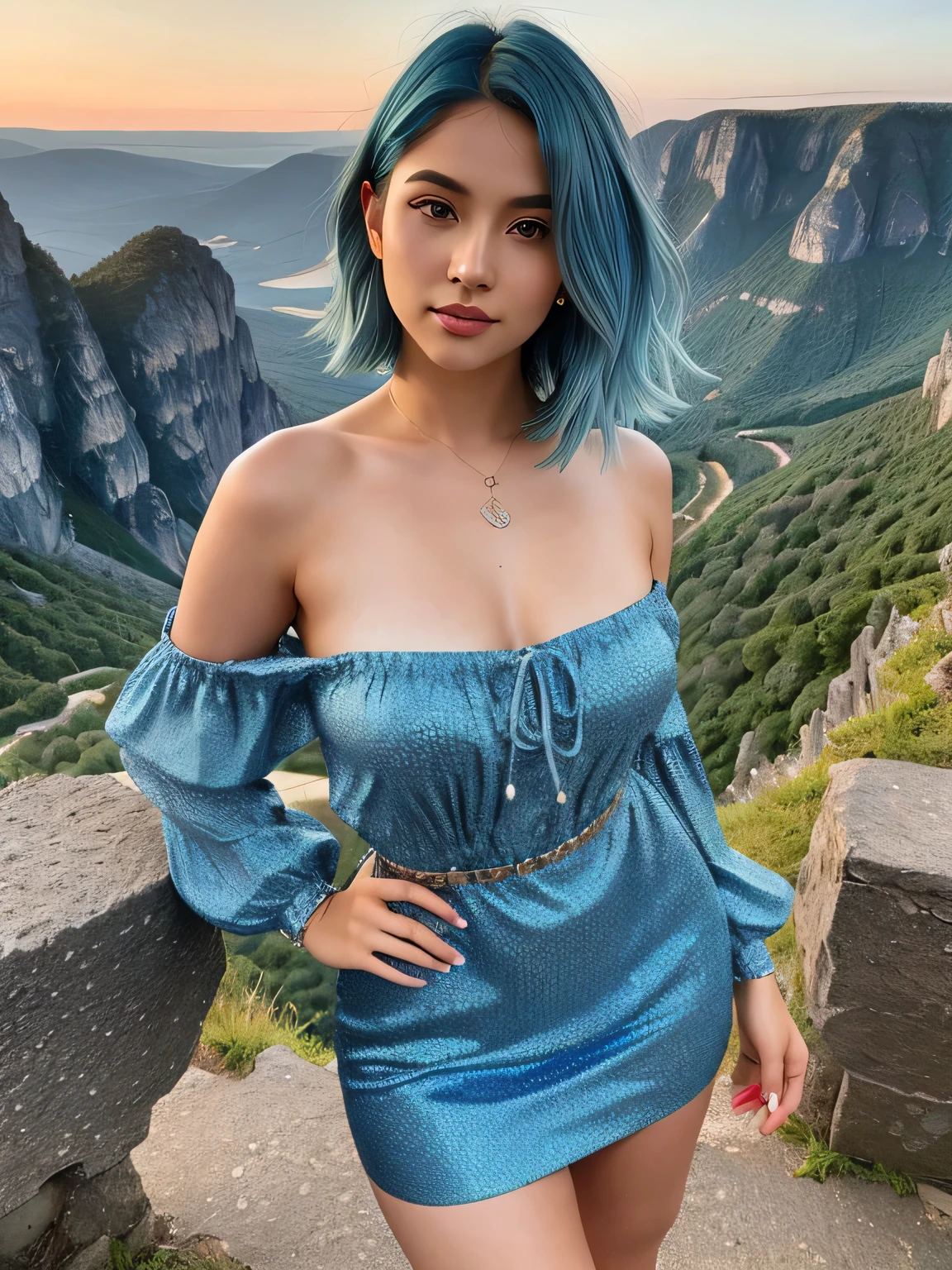 (blue hair:1.4), short hair, realistic green eyes, cobalt hair, long bob hair, tousled hair, shoulder length hair, Full body, woman with white skin and Asian features, 24 year old, big breast. Her face has an oval shape with high cheekbones that add to her model-like appearance. (crack), detailed (texture!, shine, color!!, flaws: 1.1), highly detailed glowing eyes, (looking at camera), specular light, dslr, extreme quality, crystal clear, cute face, detailed skin pores, oil Dark skin, brown, complex eye details, she is far from the camera, A full-body portrait, captured from a distance. Dynamic Frame, 8K, beautiful, realistic, (scenic view from beautiful european landscape:1.3), looking at viewer, full body shot , ruby floral print, micro mini dress, bare shoulders,strapless, long sleeves, (short hair:1.3)