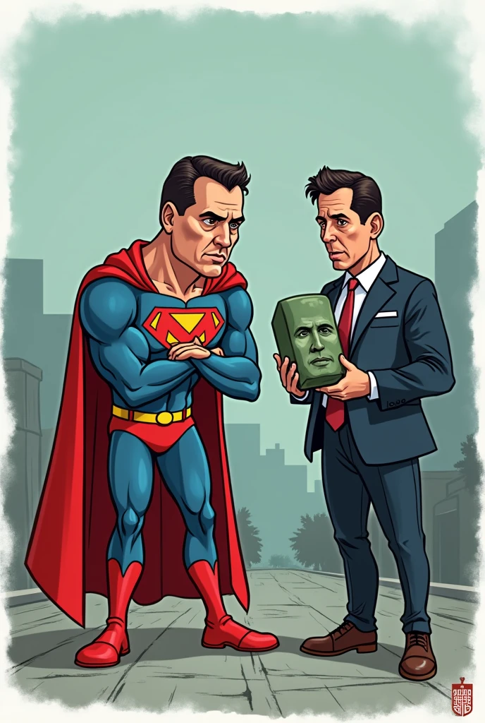 Create a cartoon of Super M bending over without strength with Pablo Marçal's face with M on his chest and with Guilherme Boulos showing kryptonite in the shape of Alexandre de Moraes