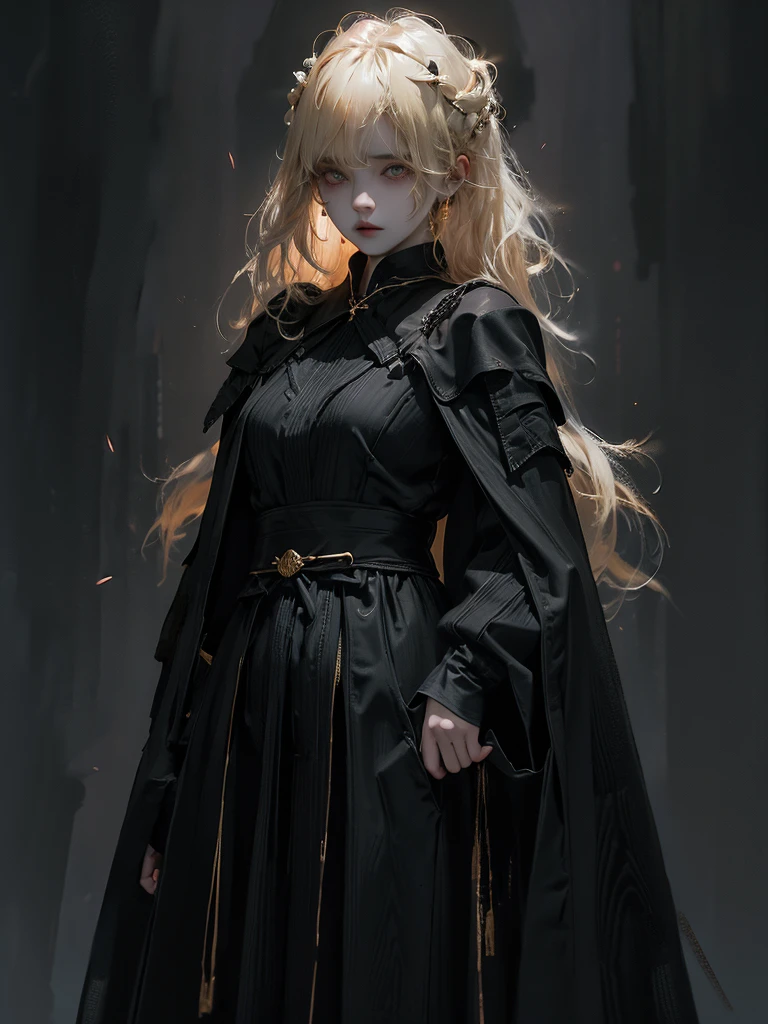 Runic Background、Wearing a black robe、Mage's Clothing、golden hair color、look at the viewer、masterpiece、cute woman、Wearing elegant school clothes