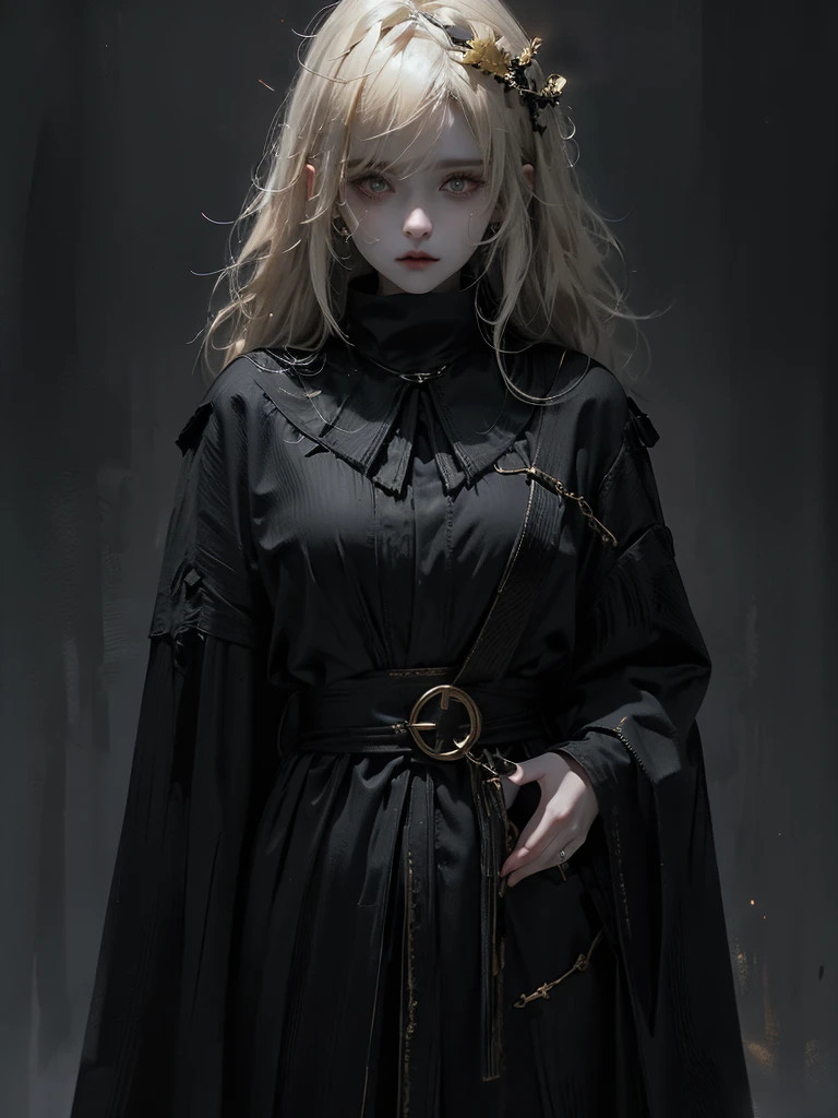 Runic Background、Wearing a black robe、Mage's Clothing、golden hair color、look at the viewer、masterpiece、cute woman、Wearing elegant school clothes