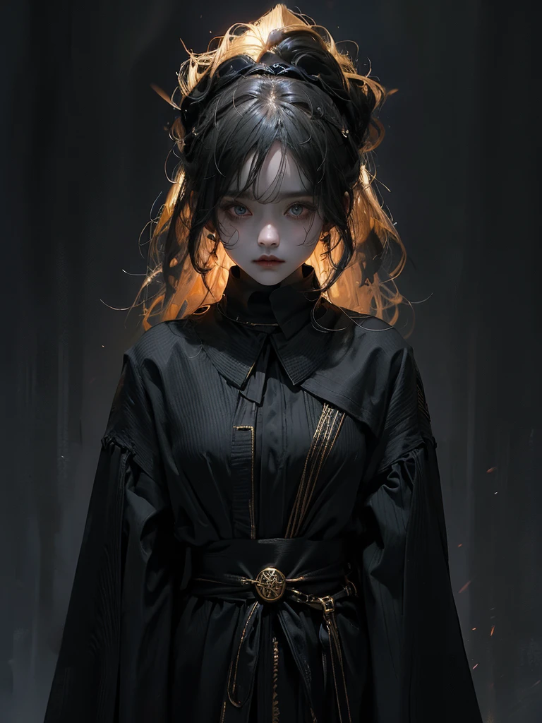 Runic Background、Wearing a black robe、Mage's Clothing、golden hair color、look at the viewer、masterpiece、cute woman、Wearing elegant school clothes