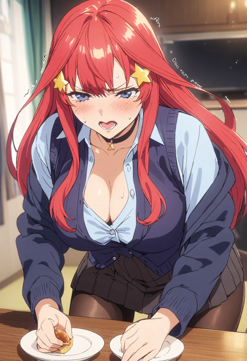 (Highest quality, 4K, 8k, High resolution, masterpiece:1.2), Very detailed, Picturesque, Animated Photography, Photo Animation:1.37)、Japanese schoolgirl、(Red Hair)、(Long Hair)、(yellow star hair ornament)、Off the shoulder、mini skirt(bank plate, black skirt, bow, long sleeves, pantyhose, blue shirt, skirt, Vest:1.1)、Black choker、Ecstasy face、Sweat、Are crying、vapor、trembling、Nakano May