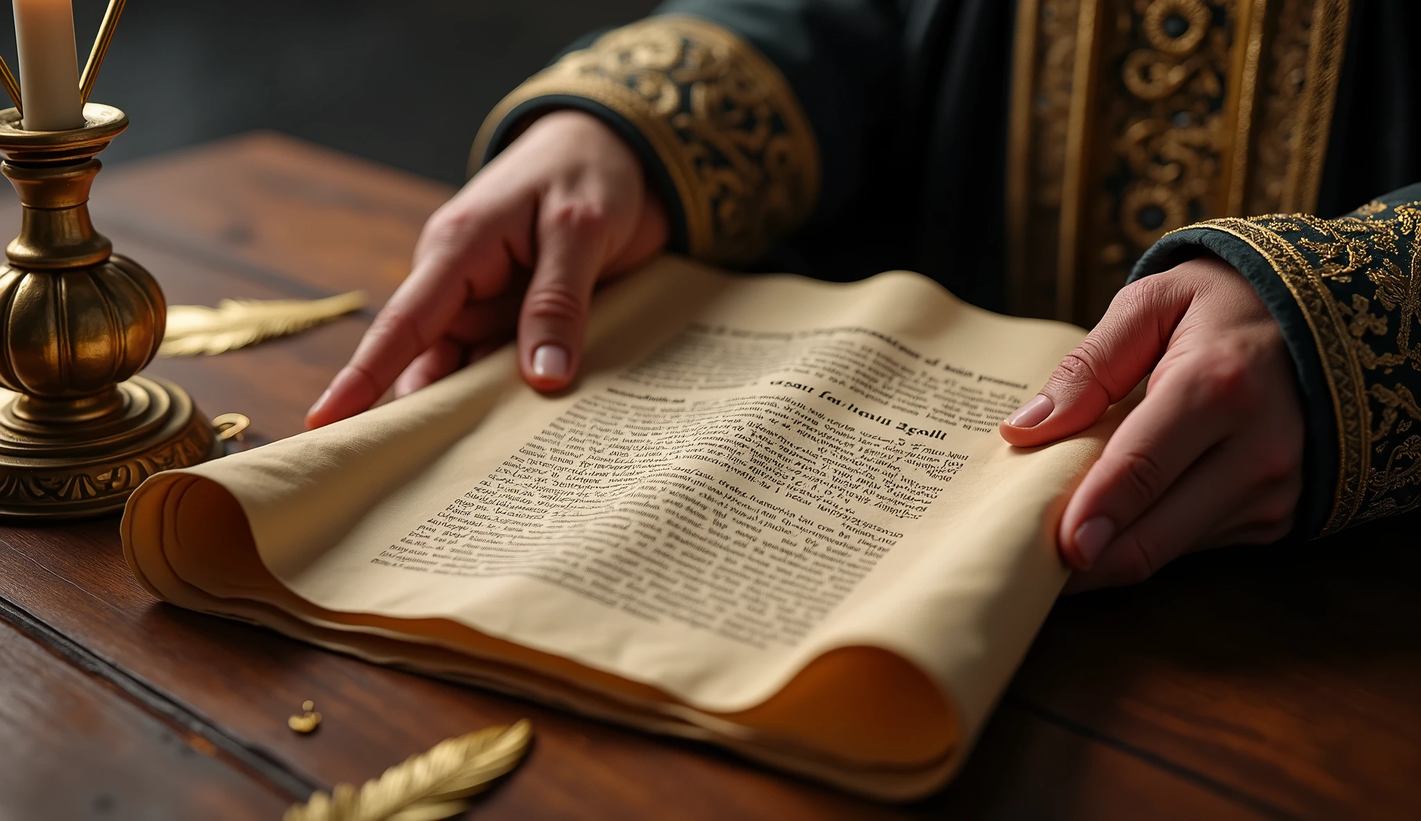 Create a hyper-realistic and mysterious image of a male hand, dressed in a finely embroidered tunic, holding an open scroll that displays the title '7 Principles for Financial Prosperity' in ancient script. Next to the parchment, a golden feather rests on a fine wood table, next to a candle that softly illuminates the scene. The background should be softly blurred, with an old lamp visible, suggesting that the knowledge contained in the scroll is of great value. The scene should create a sense of exclusivity and urgency, encouraging the viewer to secure the guide that reveals all of Solomon's financial secrets.