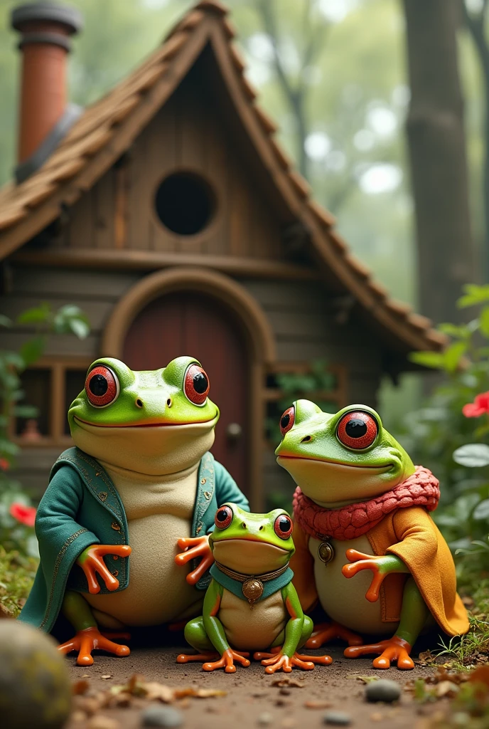 Retro Images，Storytelling，Tree frog，Ultra-realistic，high resolution，Frog family，Frogs are wearing clothes，The background is a retro forest house with a triangular roof，There is a chimney on the left side of the roof.


