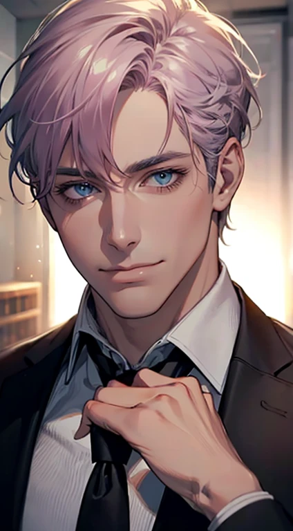 (Highest quality,4K,8K,High resolution,masterpiece:1.2),Super detailed,(Realistic,photoRealistic,photo-Realistic:1.37),1 personld,Mature Men,Beautiful skin、very handsome,Expressionless,smile,Short gray pink hair,blue eyes,Sharp Eyes,A perfect face without a doubt,Businessman,Office Background,Cinema Lighting,HDR image,tie、