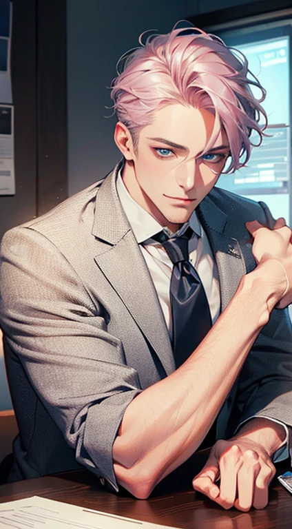 (Highest quality,4K,8K,High resolution,masterpiece:1.2),Super detailed,(Realistic,photoRealistic,photo-Realistic:1.37),1 personld,Mature Men,Beautiful skin、very handsome,Expressionless,smile,Short gray pink hair,blue eyes,Sharp Eyes,A perfect face without a doubt,Businessman,Office Background,Cinema Lighting,HDR image,tie、