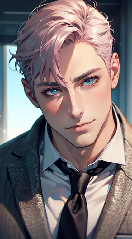 (Highest quality,4K,8K,High resolution,masterpiece:1.2),Super detailed,(Realistic,photoRealistic,photo-Realistic:1.37),1 personld,Mature Men,Beautiful skin、very handsome,Expressionless,smile,Short gray pink hair,blue eyes,Sharp Eyes,A perfect face without a doubt,Businessman,Office Background,Cinema Lighting,HDR image,tie、