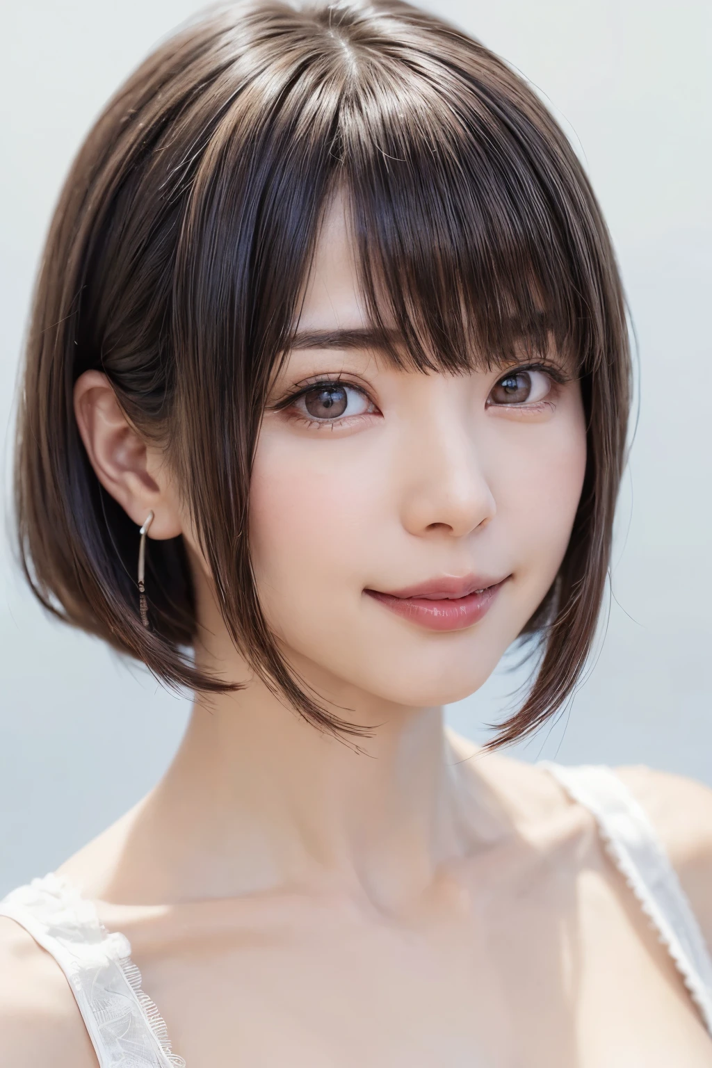 (software:1.8、masterpiece, Highest quality),1 person, alone, hyper Realistic, Realistic,Realistic, Looking at the audience, Light brown eyes:1.4,Brunette Short Bob Hair with highly detailed shiny hair, Brightly colored winter clothes, Lepangas:1.4), Outdoor, Mouth closed, Upper Body、big chest eye、eyelash、{Hugeな|big chest|Hugeなな|Mega} whole :2, chestの谷間:2、(((big chest eye、Short Bob Hair、Highlights from Students、Looking at the audience、She is very beautiful and cute、Show me your ears、Long neck、smile、Close your mouth and smile、Bangs and beautiful teeth)))、Ideal body type、（Nothing is drawn、A very beautiful pure white background:1.6）、美しいLong neck:1.4、(({Huge|big|Hugeな|Mega} chest, chestの谷間:2、Upper Bodyは服を着ていない:1.6))、(((Portraiture:2)))、Perfect Anatomy