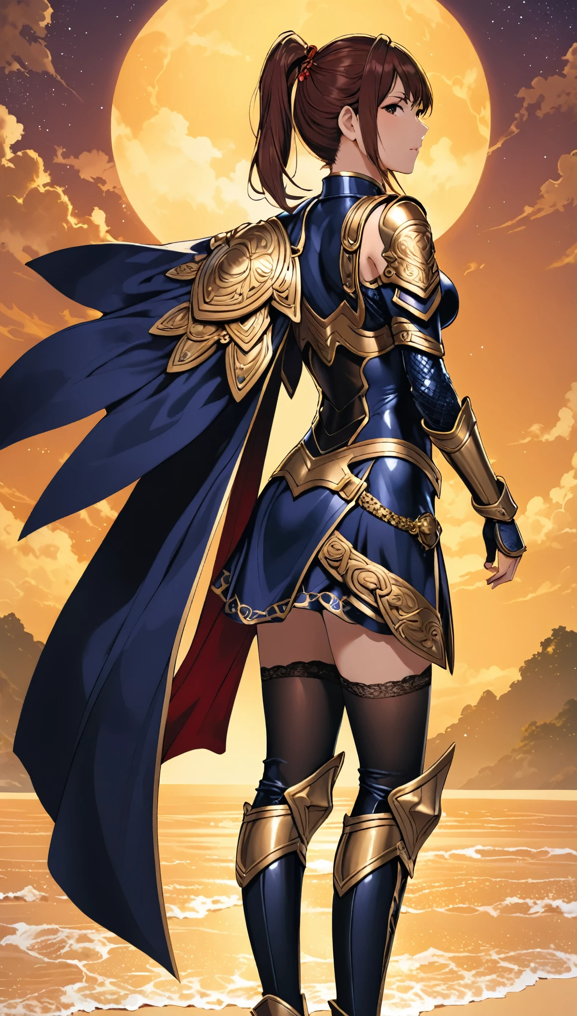 in style of Arthur Adams
 (1 girl character concept design),Above the knee shot,from side,bikini_armor,see through fullbodystocking under the armor,(arm_held_back,gravure_pose:1.8),high ponytail,incredibly long hair，
BREAK
(stand sideways:2.8),(shoulder facing the viewer:2.9)
