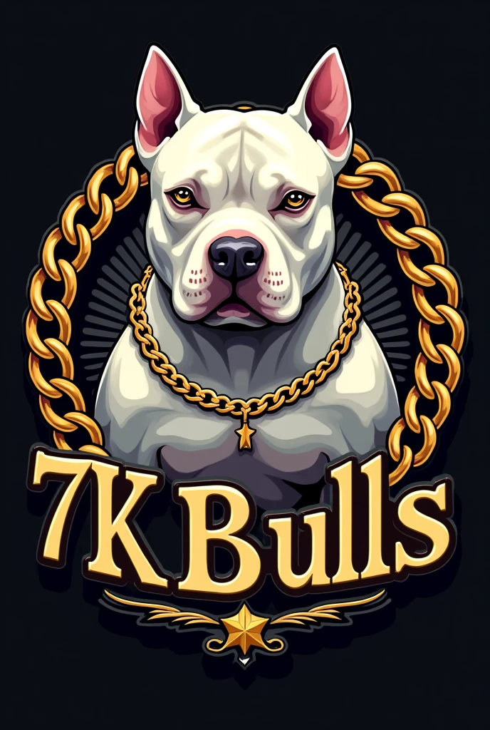 
"Generate an eye-catching logo for an exotic American Bully breeder, micro size. The dog must be muscular, exotic white color , with short snout, well-marked forehead and cropped ears like a pitbull. The body should resemble that of an English bulldog., but with extra defined muscles. The logo should include gold chains for a luxurious touch.. The name of the breeder is &#39;7K Bulls&#39; and must be written prominently in a stylish font. The predominant colors should be gold and rich tones that stand out."