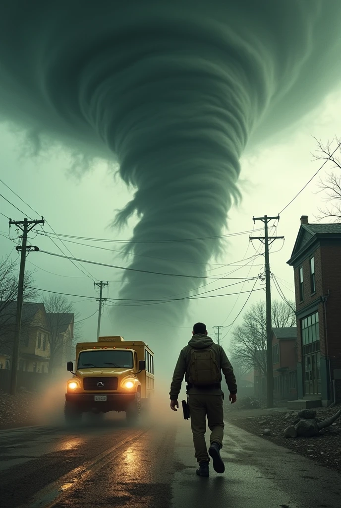 Big tornado chasers Glenn Powell Daisy Edgar-Jones, car, town, destroyed, terrible situation