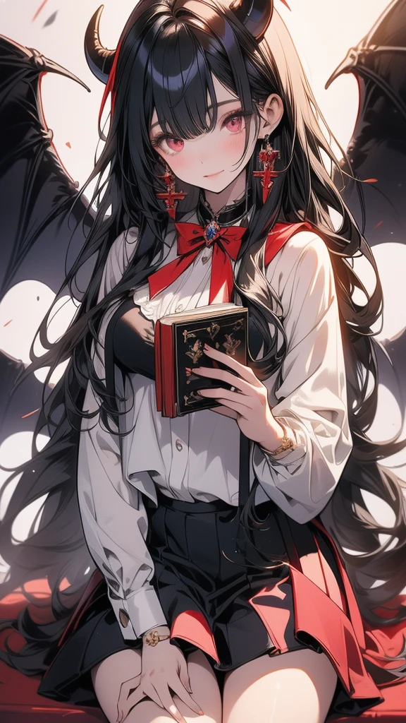 best quality,masterpiece,Ultra-high resolution,photoactual:4：0,Demon Palace Academy Park,Albedo,long hair shawl,Devil's Horn,Big breasts,shirt clothes,mini skirt,holding book