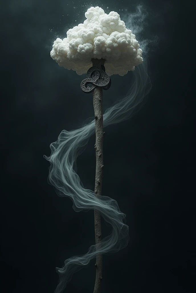 A staff with cloud-shaped iron details on the tip, winds around him and a black background behind him