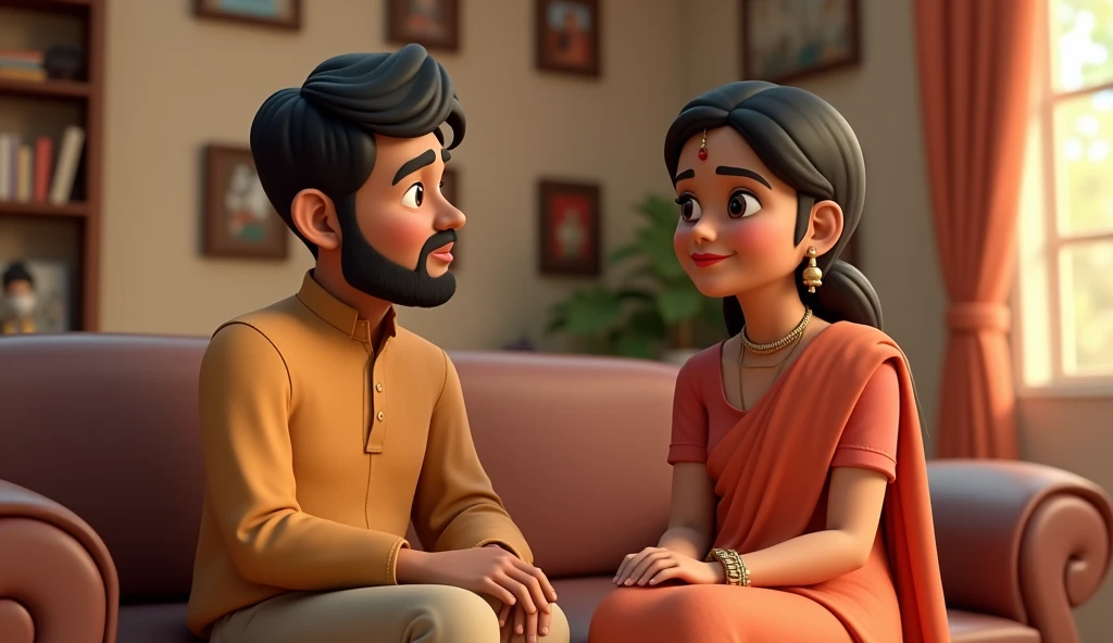 In 3D animation style:**Ramesh and Sunita discussing plans**, with a focus on their children's future, as they decide how to use the newfound wealth wisely.