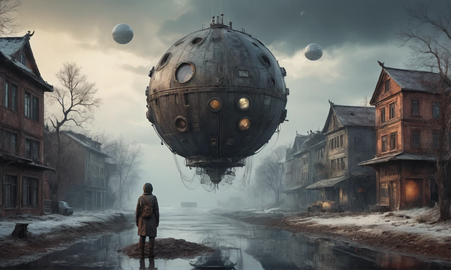 insane pilot from USSR , camouflage Rusty, after a psychiatric clinic,winter,intricate landscape,slate grey atmosphere,film grain,faded,eyes extremely detailed,another world,view from height,once pretty face,eyebrow up,full body shot,ominous landscape, Simon Stalenhag,Nicola Samori,full body shot,beggar paladium The Alien Entity,Technicolor,natural skin textures, hyper realism, hyper detailed,Extremely detailed,High contrast,Masterpiece,Realistic,Ultra Detailed, intricate details,realistic humid leather,extremly intricate,Epic Realistic, cinematic style,irina yermolova,high contrast,hdr,extremely detailed, deep night landscape,masterpiece,intricate details,faded,eyes extremely detailed, high detailed eyes,8k resolution,RAW,retina, Nikon Z9,China,tkt style, transition between two art styles, Ink painting to photorealism, Double contact, X-ray, Creative, vivid light, masterpiece, fantasy, Abstract Surrealism, super detailed, high resolution, stop:35;Her skin is pale, almost translucent,ancient rock,a hot air soars through the layers of clouds, revealing a colossal and enigmatic cityscape nestled within. The buildings in this ethereal city are adorned with intricate details and exude an aura of mystery. Above the cityscape, lend an enchanting touch to the scene. steampunk. The intricate mechanics create a sense of wonder and fascination, as if stepping into a dreamlike realism, water sphere with a bunch of trees on it, overgrown planet, insane planet, Fractal World, A lush world of fantasy, fantasy planet, Dyson sphere, planetary landscape, Jofra Bosschart,psychedelic Mysterious World