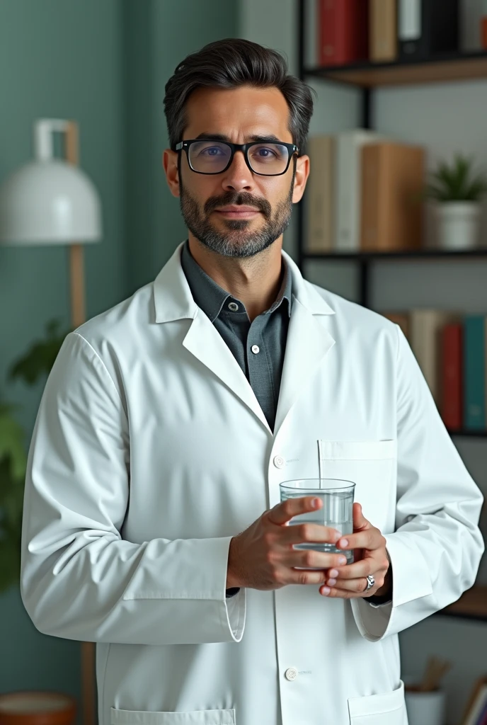 32 year old Brazilian man, glasses, white labcoat, left hand white pot, right hand holding glass with water, bookshelf with books in the background wall with white and green details
