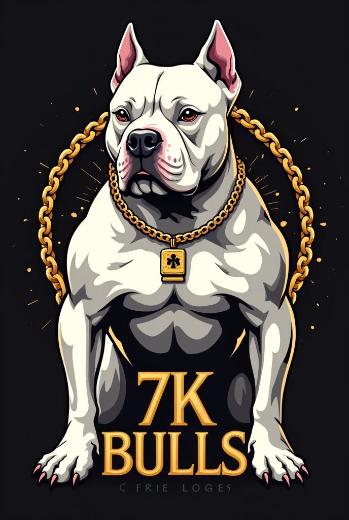 
"Generate an eye-catching logo for an exotic American Bully breeder, micro size. The dog must be muscular, exotic white color , with short snout, well-marked forehead and cropped ears like a pitbull. The body should resemble that of an English bulldog., but with extra defined muscles. The logo should include gold chains for a luxurious touch.. The name of the breeder is &#39;7K Bulls&#39; and must be written prominently in a stylish font. The predominant colors should be gold and rich tones that stand out."