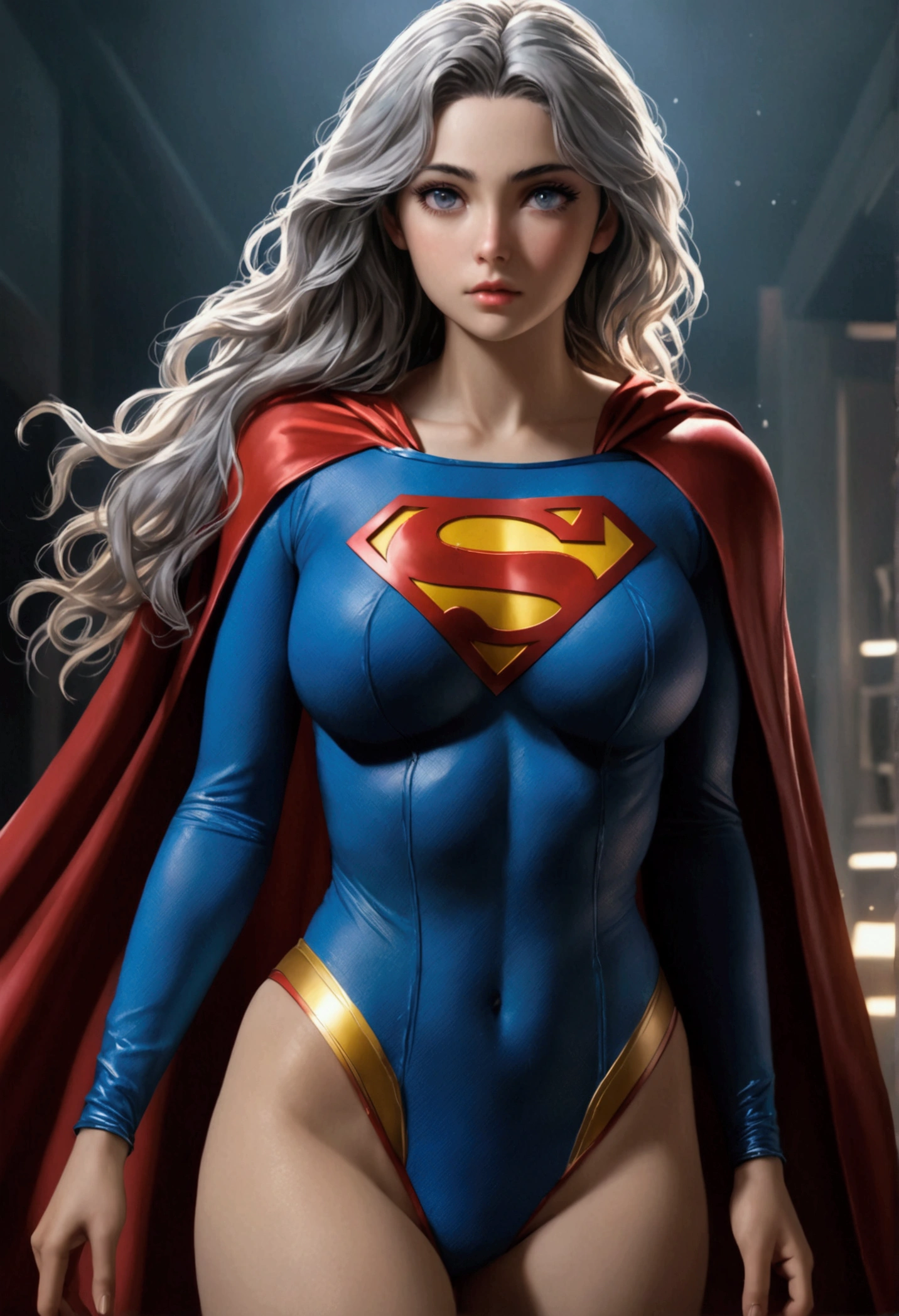 A SEXY TEEN FEMALE WITH GREY EYES AND LONG MESSY HAIR WEARING A CLASSIC SUPERMAN COSTUME AND CAPE. large breasts, incredibly detailed skin and eyes, seductive poses, 8K resolution, masterpiece, ultra-detailed, realistic, photo-realistic, vivid colors, dramatic lighting, cinematic composition