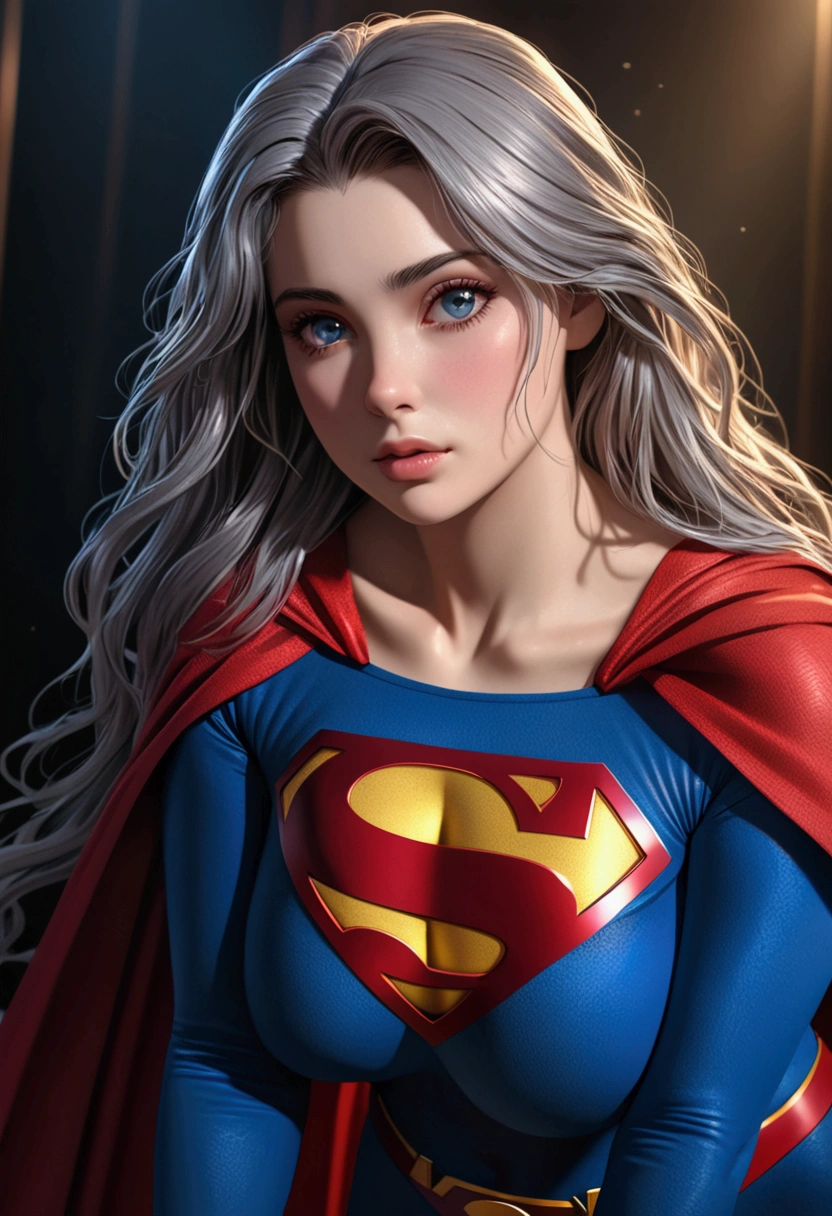 A SEXY TEEN FEMALE WITH GREY EYES AND LONG MESSY HAIR WEARING A CLASSIC SUPERMAN COSTUME AND CAPE. large breasts, incredibly detailed skin and eyes, seductive poses, 8K resolution, masterpiece, ultra-detailed, realistic, photo-realistic, vivid colors, dramatic lighting, cinematic composition