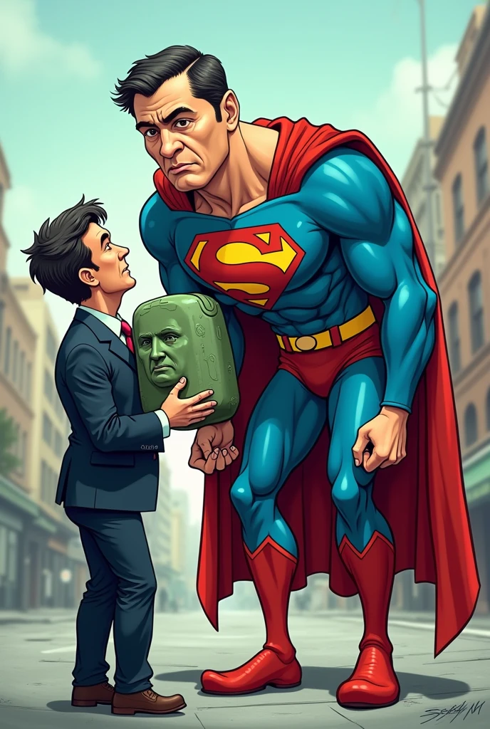 Create a cartoon of Super M bending over without strength with Pablo Marçal&#39;s face with M on his chest and with Guilherme Boulos showing kryptonite in the shape of Alexandre de Moraes 
