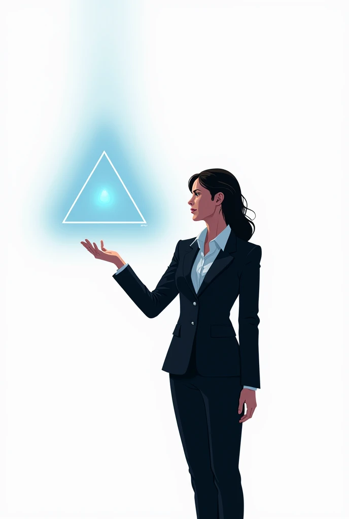 Business woman in a black suit extending her arm to the left side with her hand open, light coming out of it in the shape of a triangle that comes out of the tip of her hand and extends towards the entire matte blue color  , on a white background that only appears from the abdomen up, Digital art