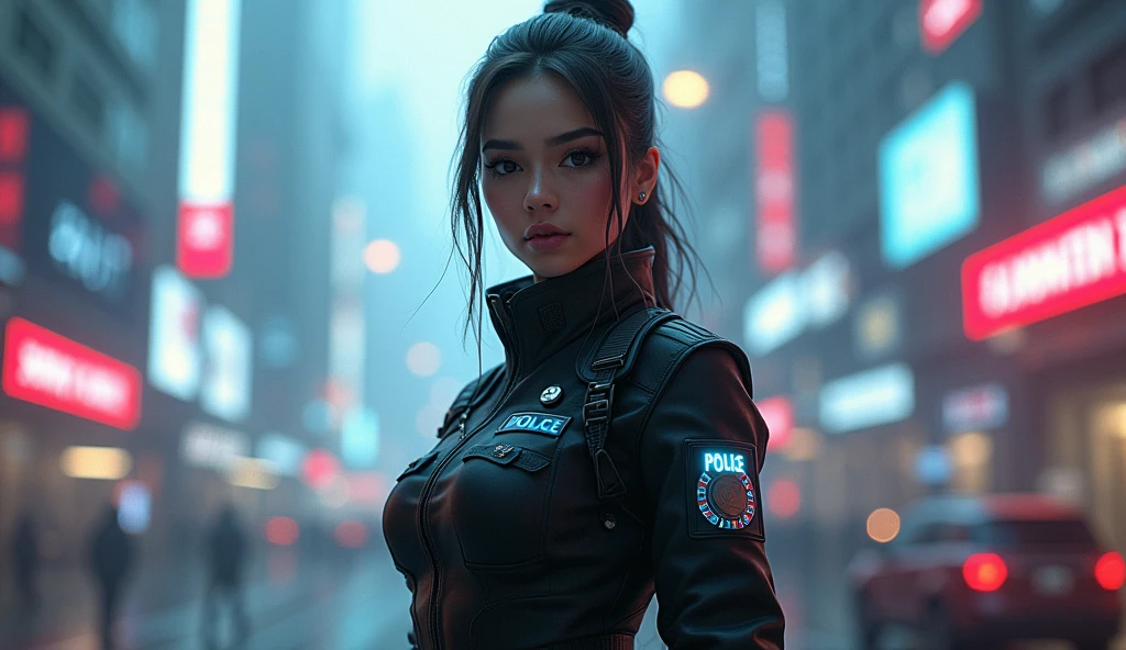 arafed woman in a police uniform posing for a picture, cyberpunk art by Adrian Zingg, trending on cgsociety, digital art, officer, wojtek fus, police officer, police lights shine on her face, photorrealistic concept art, ultra realistic concept art, cyberpunk 2 0 y. o model girl, police, cyberpunk art ultrarealistic 8k,full body