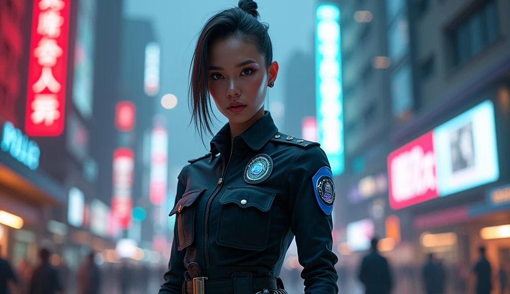 arafed woman in a police uniform posing for a picture, cyberpunk art by Adrian Zingg, trending on cgsociety, digital art, officer, wojtek fus, police officer, police lights shine on her face, photorrealistic concept art, ultra realistic concept art, cyberpunk 2 0 y. o model girl, police, cyberpunk art ultrarealistic 8k,full body