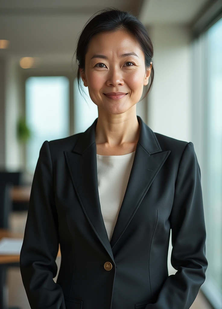 A 57-year-old asian women that is still very beautiful.,white skin, Height 160, Slim like a middle-aged woman, but still considered a beautiful figure., full body, Wear work clothes, In the office, 4K, high definition, realistic