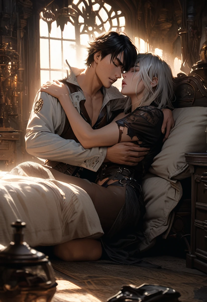 "there are two, 25 year old anime male ((guy))) assassins, with long black/white hair, freckled skin, eyes half way closed, handsome intimately almost kissing, embracing, intimate pose, in a steampunk bedroom, perfect body and face, Dark fantasy romantic semirealistic manga comic style, Volumetric and dynamic lighting, Hyperdetailed photorealistic hyperrealistic, Stunning dark fantasy,"
