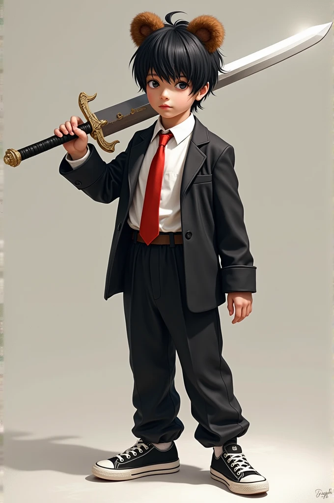 white shirt, red tie, black jacket, black pajama pants, black sneakers, bear ears, holding sword, black hair, boy