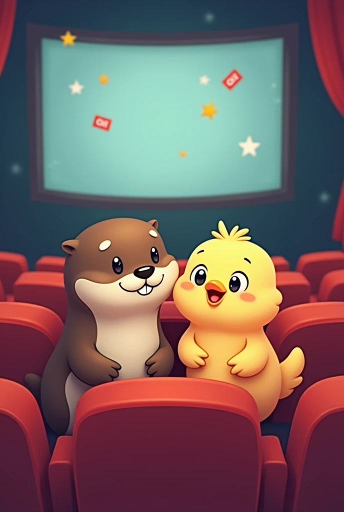 An otter and a chick in the cinema and drawn in 2d as simple emojis