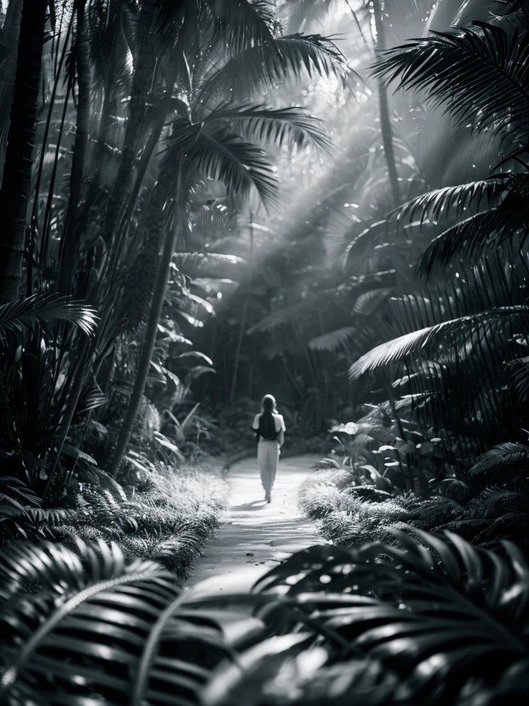 Beautiful tropical forest, black andwhite, professional photography, ultra realisitic, highest definition, 4K, 8k, cinematic.